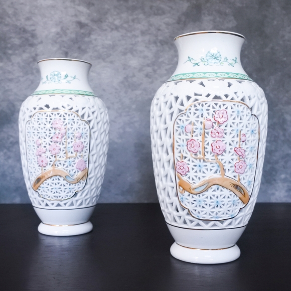 Vintage Chinese Blanc de Chine Porcelain Reticulated Floral Pink